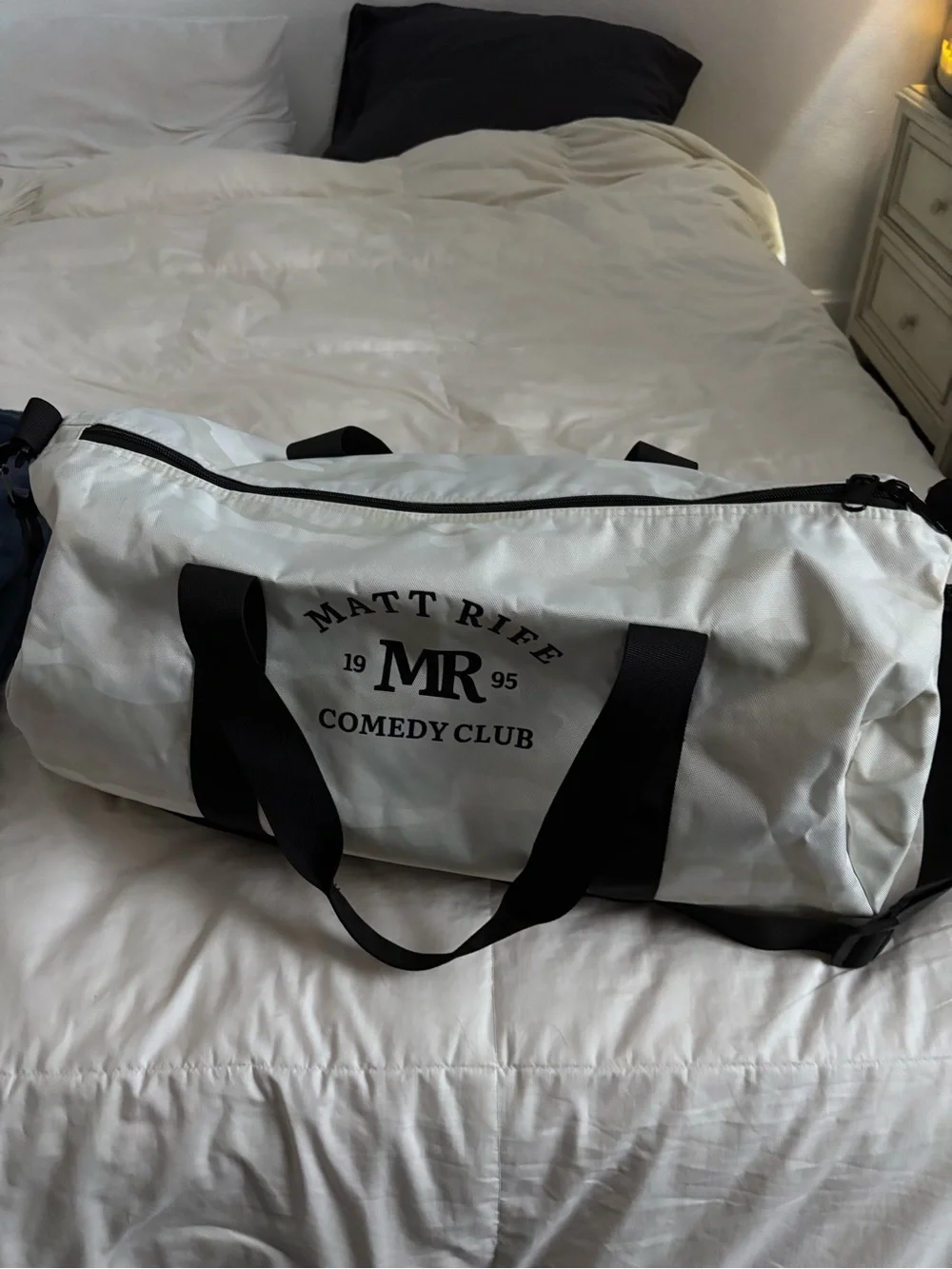 MR Comedy Club White Camo Duffel Bag